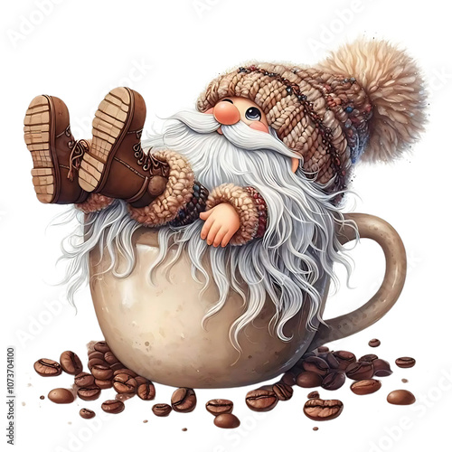 Gnome relaxing in coffee cup, white isolate background