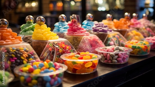  A variety of colorful candies are displayed in clear glass containers. The candies are arranged by color and shape, and the containers are all neatly lined up on a counter.