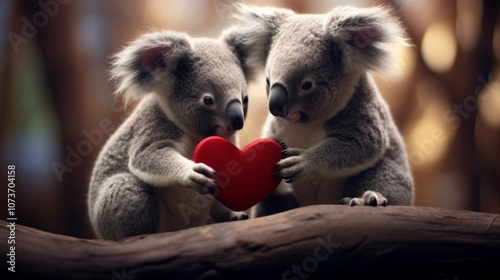  Two koalas are sitting on a tree branch, holding a red heart-shaped object between them. The koalas are facing each other, and they appear to be looking at the heart.