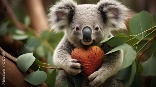  A koala is sitting on a tree branch, surrounded by green leaves. It is holding a heart-shaped fruit in its paws, and looks up at the camera.