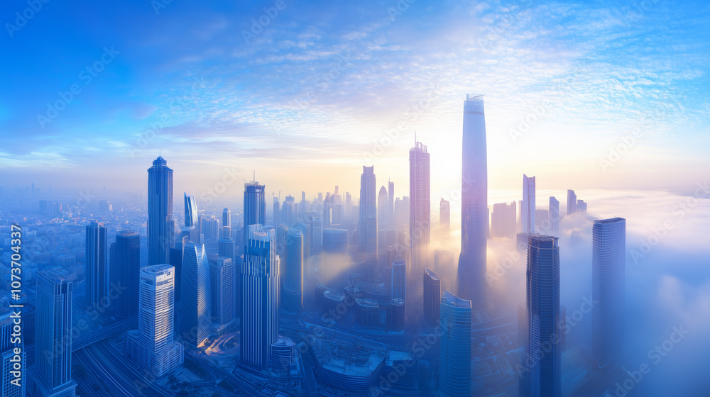 Aerial view of a vibrant city skyline during sunrise with buildings shrouded in morning mist Aerial view of a vibrant city skyline during sunrise with buildings shrouded in morning mist