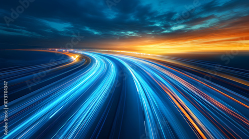 futuristic highway with vibrant data streams and stunning sunset