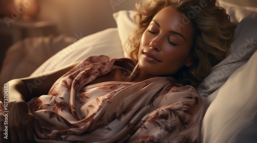  A woman with light brown hair and skin lies in a bed, eyes closed, with a contented smile on her face. She is wearing a patterned robe and is covered in soft bedding.