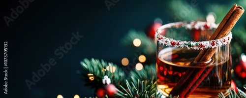 A festive drink garnished with a cinnamon stick, surrounded by holiday decorations and lights, creating a cozy winter ambiance. photo