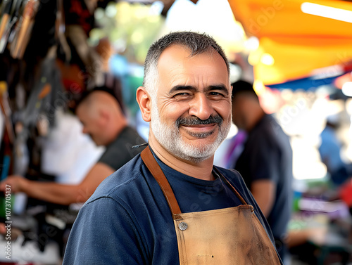 Smiling market vendor wearing apron at outdoor stall showcasing local craftsmanship and friendly service in a bustling marketplace