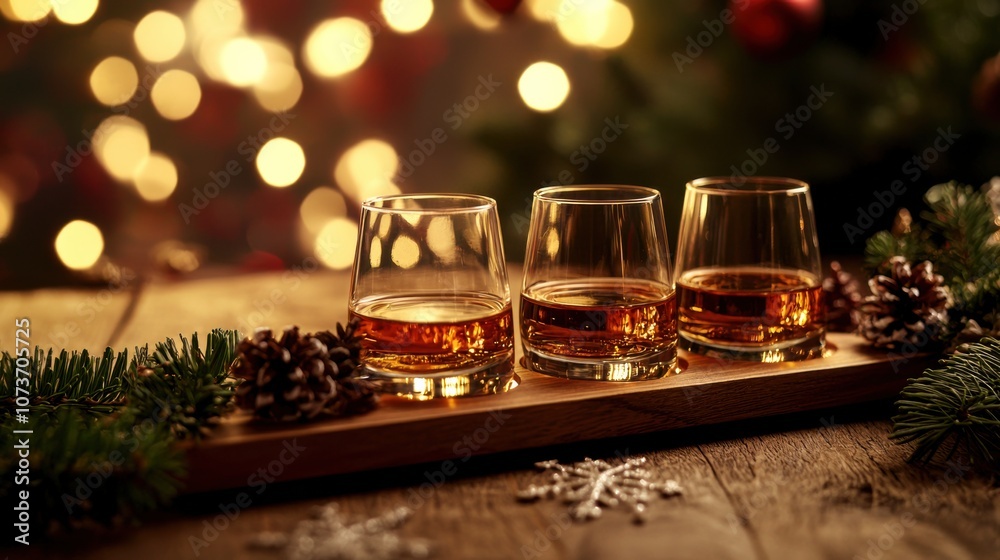 custom made wallpaper toronto digitalA cozy scene featuring three glasses of whiskey with glowing bokeh lights, pinecones, and greenery, perfect for a festive atmosphere.