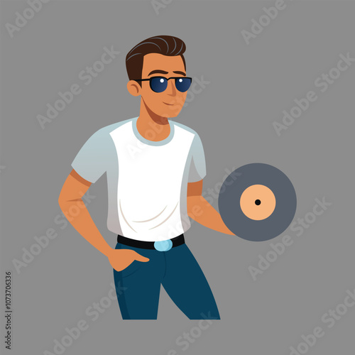 "Retro Man Holding Vintage Music Record Vector Design: Nostalgic Illustration of Classic Vinyl"