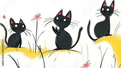Three black cats playing in a field of flowers