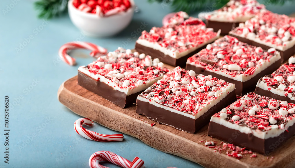 Dark and white chocolate layers on festive peppermint bark are topped with crushed cand_1(447) Dark and white chocolate layers on festive peppermint bark are topped with crushed cand_1(447)