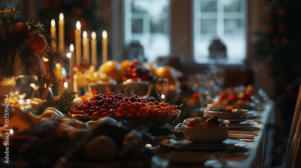 Christmas eve table setting with burning candles and delicious food Christmas eve table setting with burning candles and delicious food