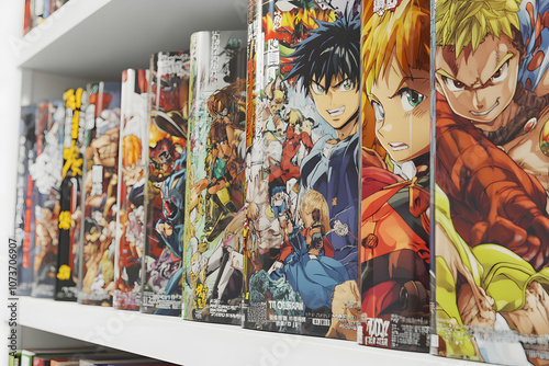 Colorful manga graphic novels on a bookshelf.