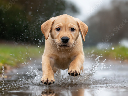 Playful puppy splashing in a puddle