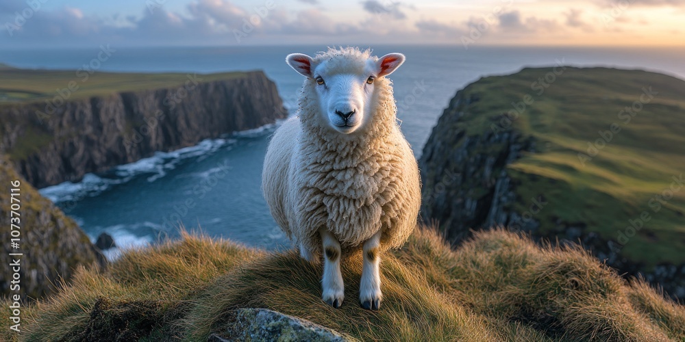 A lone sheep standing on a cliff overlooking the ocean, with grassy hills and a blue sky in the background. A lone sheep standing on a cliff overlooking the ocean, with grassy hills and a blue sky in the background.