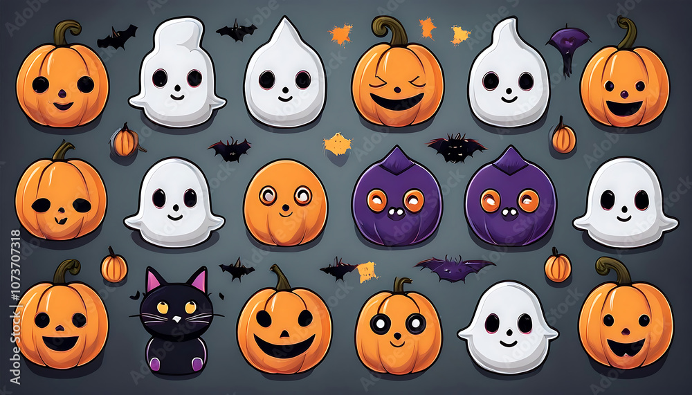 Cute set of Halloween icons features happy ghosts, bats, cats, witches, and other festive e_1(437) Cute set of Halloween icons features happy ghosts, bats, cats, witches, and other festive e_1(437)