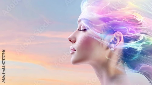 Woman with closed eyes surrounded by vibrant smoke inhaling deeply against a backdrop of a stunning sunset sky
