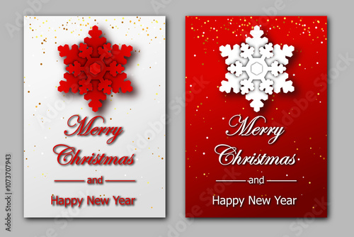 Merry Christmas and happy New Year template. card with silhouettes of hanging paper cut multilayered snowflakes. bright vector illustration en white and red. for greeting, backdrop, invitation, poster