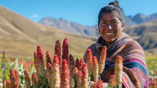 Woman with Medium Dark Skin Harvesting Quinoa in Scenic Andes for Cultural Agricultural Display