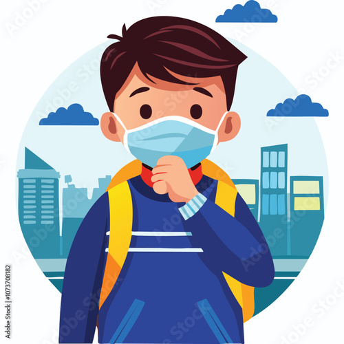 Illustration of a sick boy wearing a health mask