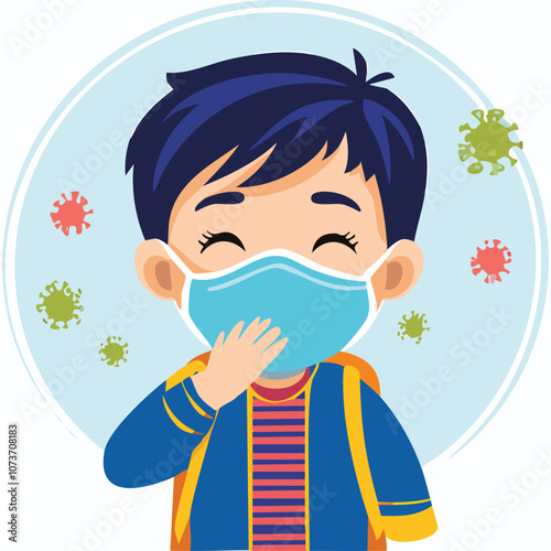Illustration of a sick boy wearing a health mask