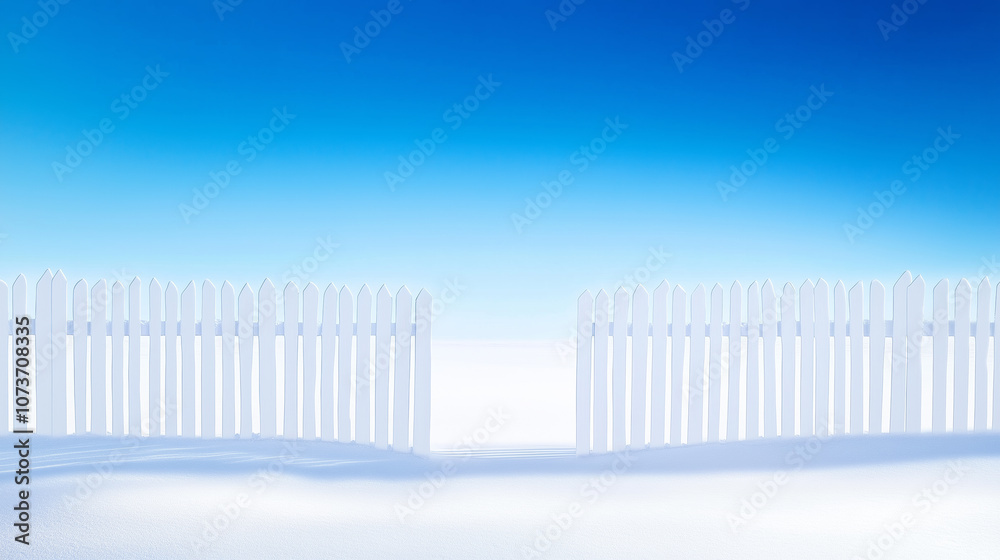 White picket fence against a bright blue sky with snow covering the ground during winter White picket fence against a bright blue sky with snow covering the ground during winter