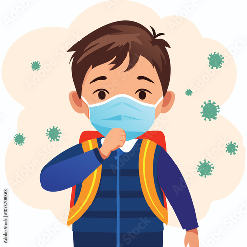 Illustration of a sick boy wearing a health mask