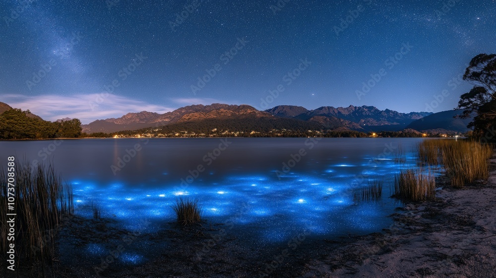 Fototapeta premium A serene night sky with a starry Milky Way above a calm lake illuminated by bioluminescent plankton.