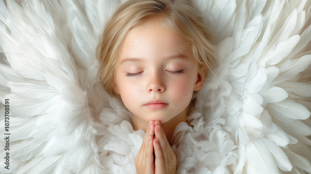 Naklejka premium A serene child with angelic wings peacefully prays in soft, ethereal lighting