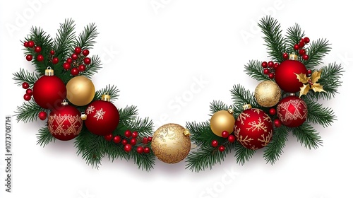 Festive Christmas Frame with Red and Gold Ornaments, Pine Leaves, and Berries