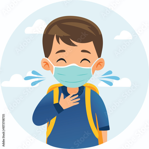 Illustration of a sick boy wearing a health mask