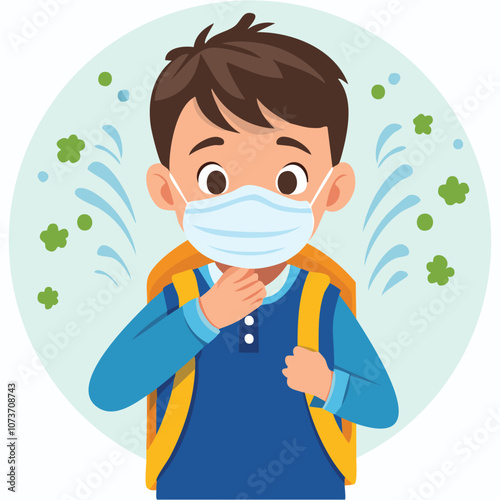 Illustration of a sick boy wearing a health mask