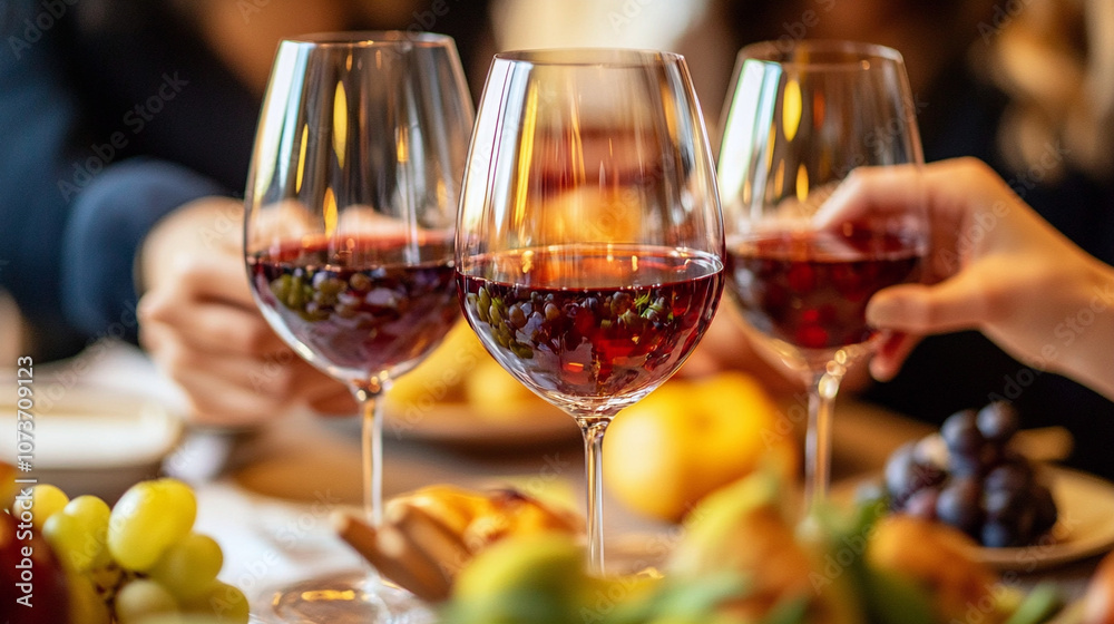 Naklejka premium Red wine glasses clinking during dinner party with fresh grapes on table