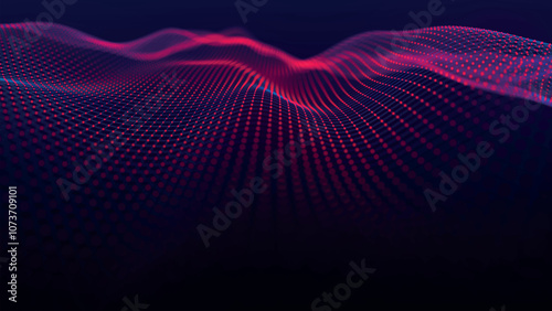 Futuristic point wave of particles. Visualization of sound waves. Dark background. Technology or science banner. Abstract digital 3D wave. Vector illustration.
