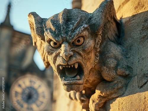 Gargoyle Sculpture on Historic Cathedral Wall, Stone Creature with Fierce Expression, Medieval Architecture