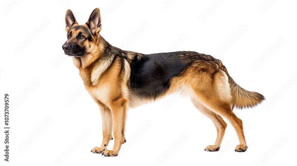Alert German Shepherd dog standing side view on white background Alert German Shepherd dog standing side view on white background