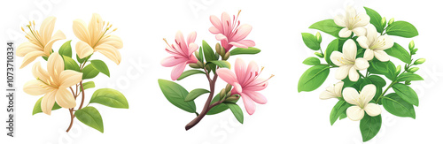 Three vibrant flower arrangements featuring pink, white, and cream blooms, showcasing floral beauty on a white background. transparent background