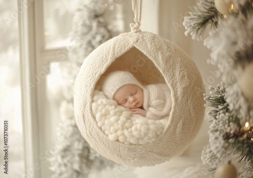 A peaceful sleeping baby nestled in a cozy hanging nest near a festive winter tree