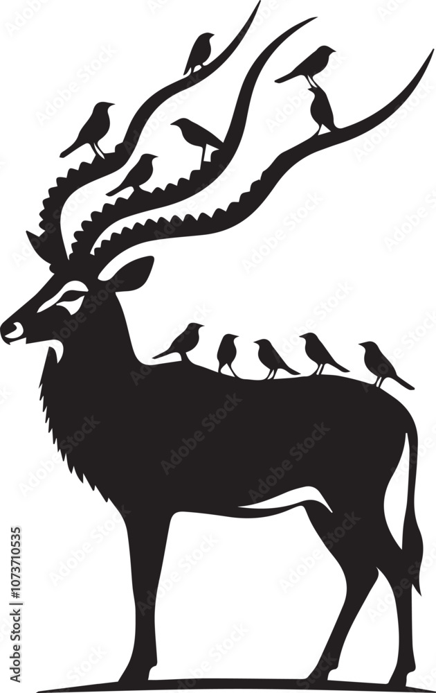 Obraz premium Antelope silhouette with tiny bird silhouettes sitting on the horns