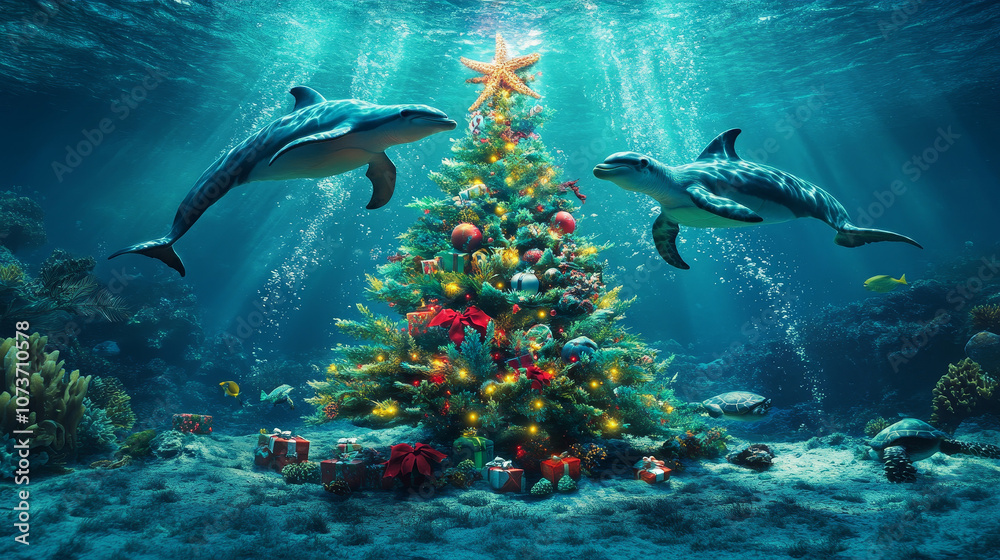 Fototapeta premium Magical Underwater Christmas with Dolphins, Coral Tree, and Deep-Sea Santa
