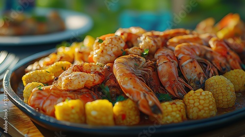 Close-Up of a Lavish Seafood Boil Served in a Large Dish, Perfect for Celebrating Gatherings, Family Reunions or Festive Events