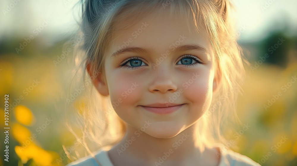 Close-up portrait of a smiling little girl with blonde hair and blue eyes in a field of yellow flowers. Close-up portrait of a smiling little girl with blonde hair and blue eyes in a field of yellow flowers.
