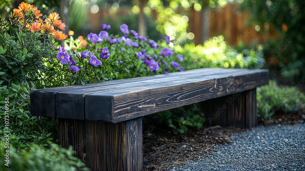 A rustic wooden bench surrounded by vibrant flowers in a serene garden setting. A rustic wooden bench surrounded by vibrant flowers in a serene garden setting.