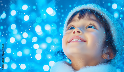 A young girl gazes upwards with joyful wonder during a snowy winter evening