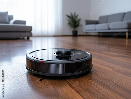 Robot vacuum cleaner moving across a wooden floor