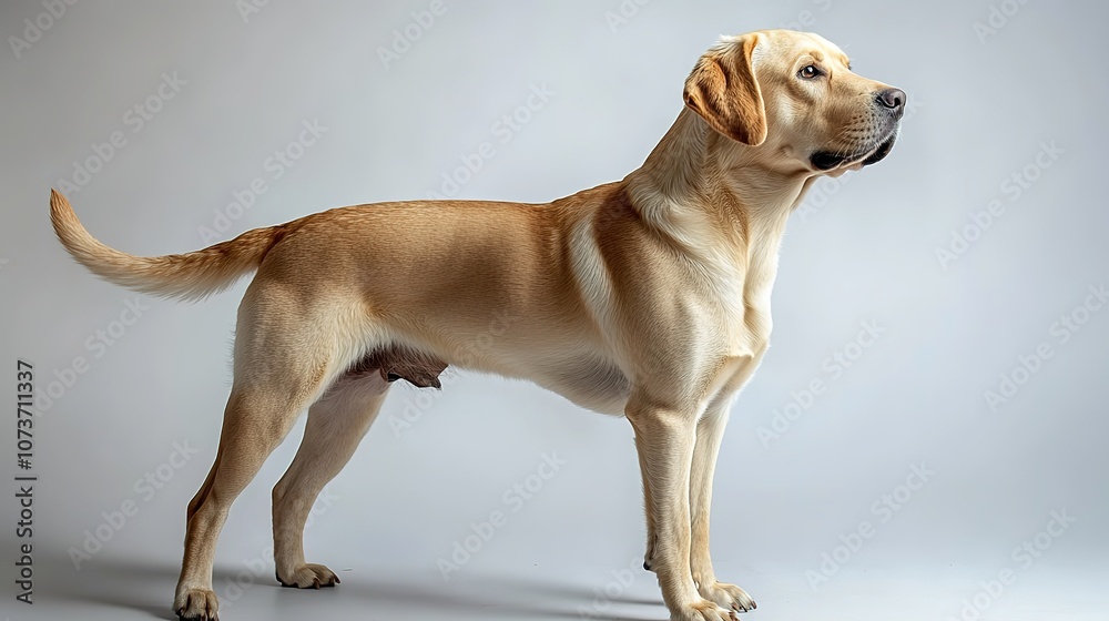 Alert golden Labrador standing, side profile against gray backdr Alert golden Labrador standing, side profile against gray backdr