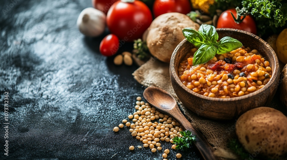 Fototapeta premium A rustic wooden bowl filled with lentil soup, surrounded by fresh vegetables and ingredients on a dark textured background.