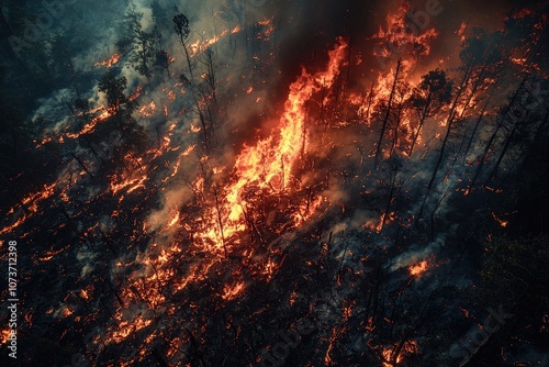 Intense forest fire blaze spreads rapidly through trees igniting severe environmental concern photo