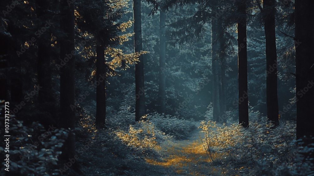 Fototapeta premium A narrow path winds through a dense, misty forest, illuminated by the soft light of dawn.