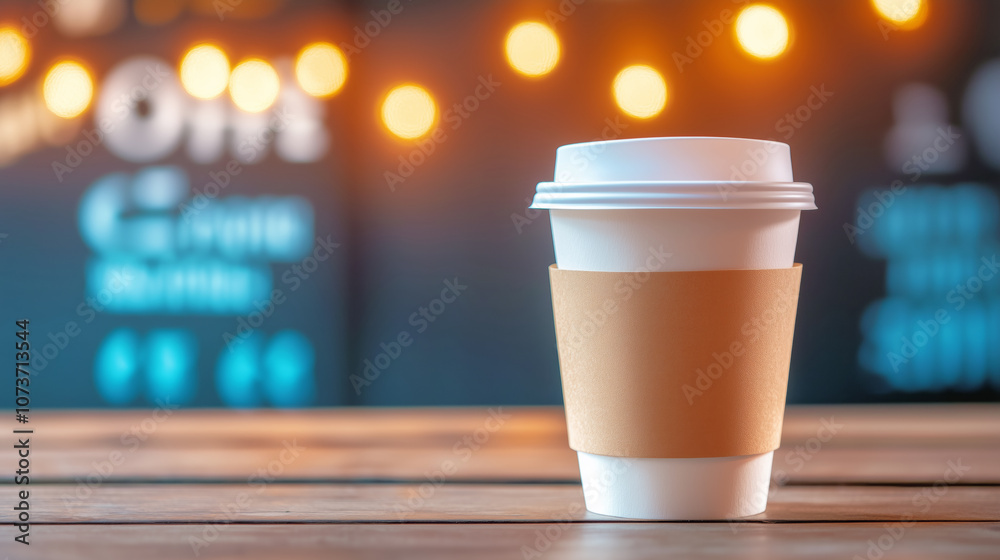 Warm coffee cup on wooden table with blurred fairy lights in the background at a cozy cafe setting Warm coffee cup on wooden table with blurred fairy lights in the background at a cozy cafe setting