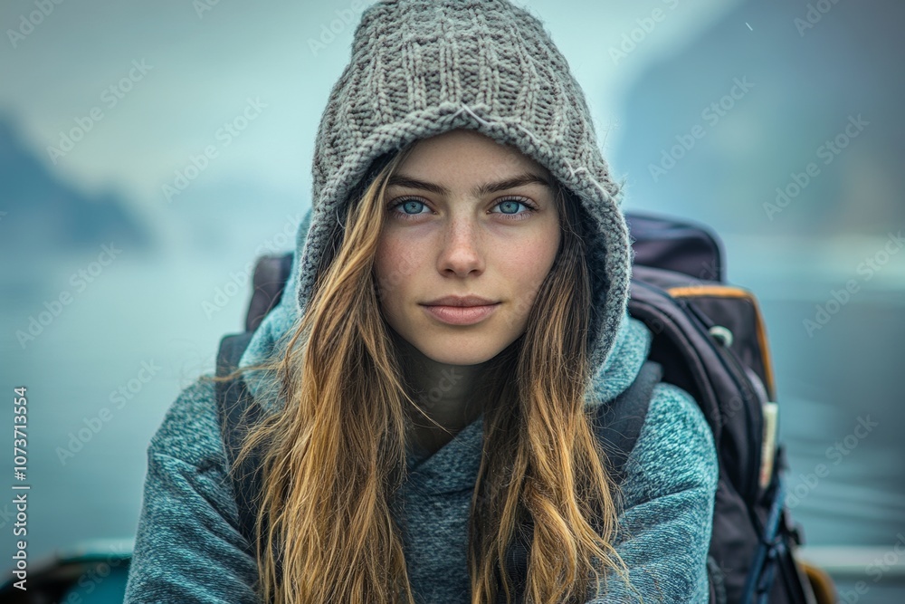 young woman traveler in hooded sweatshirt and knitted hat and with backpack travels as passenger on ship through the fjords of Norway young woman traveler in hooded sweatshirt and knitted hat and with backpack travels as passenger on ship through the fjords of Norway