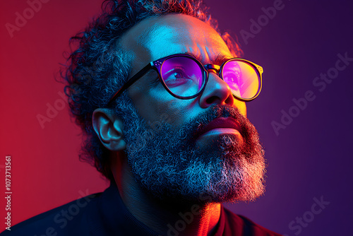 Dramatic close-up portrait of a stylish man with glasses and a beard, illuminated by vivid red and blue neon lights, conveying a modern, contemplative mood. 